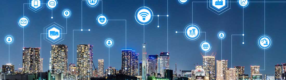 City skyline with an example graphic of smart grid distribution